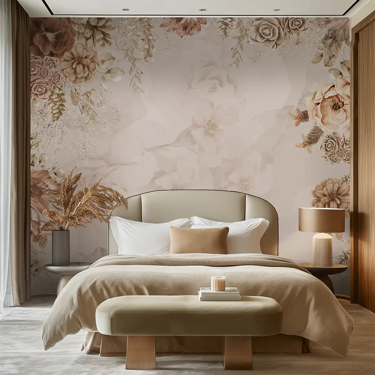 Soft floral wallpaper framing a calm neutral bedroom