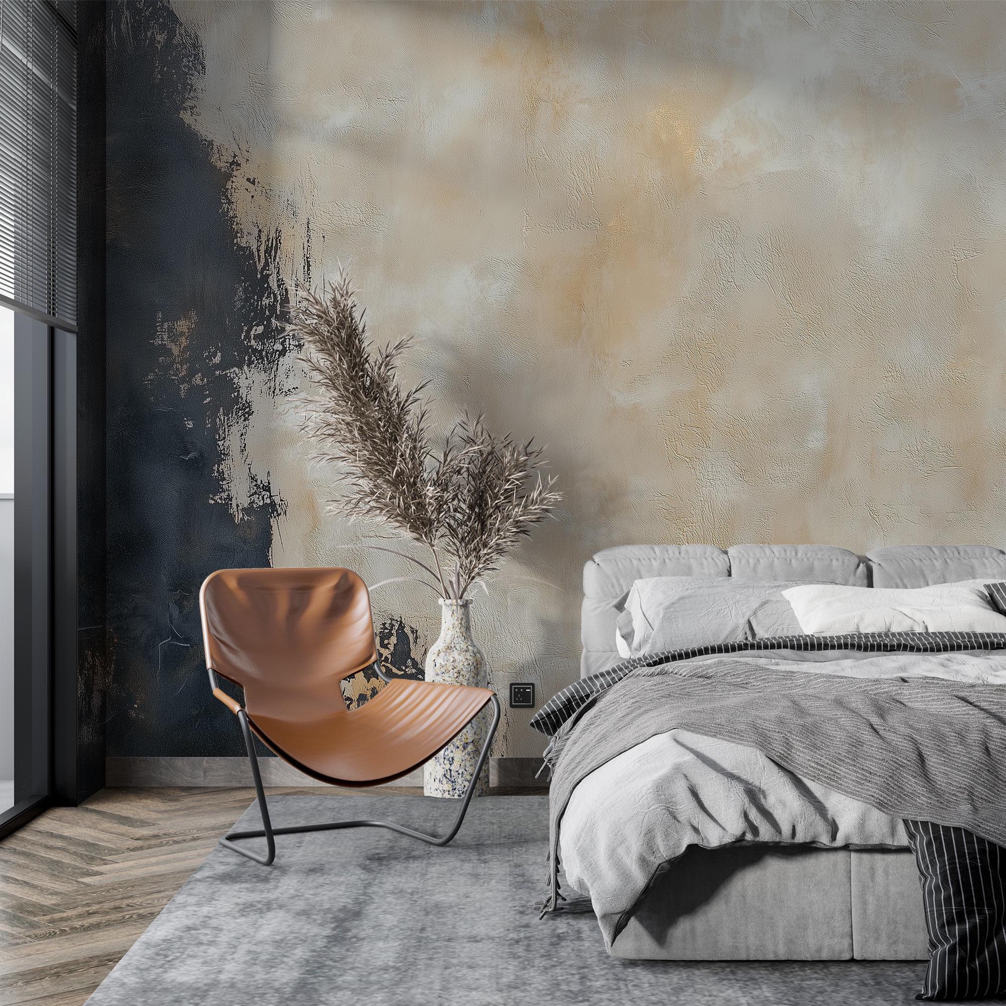 Textured wallpaper and layered neutral tones in a bedroom